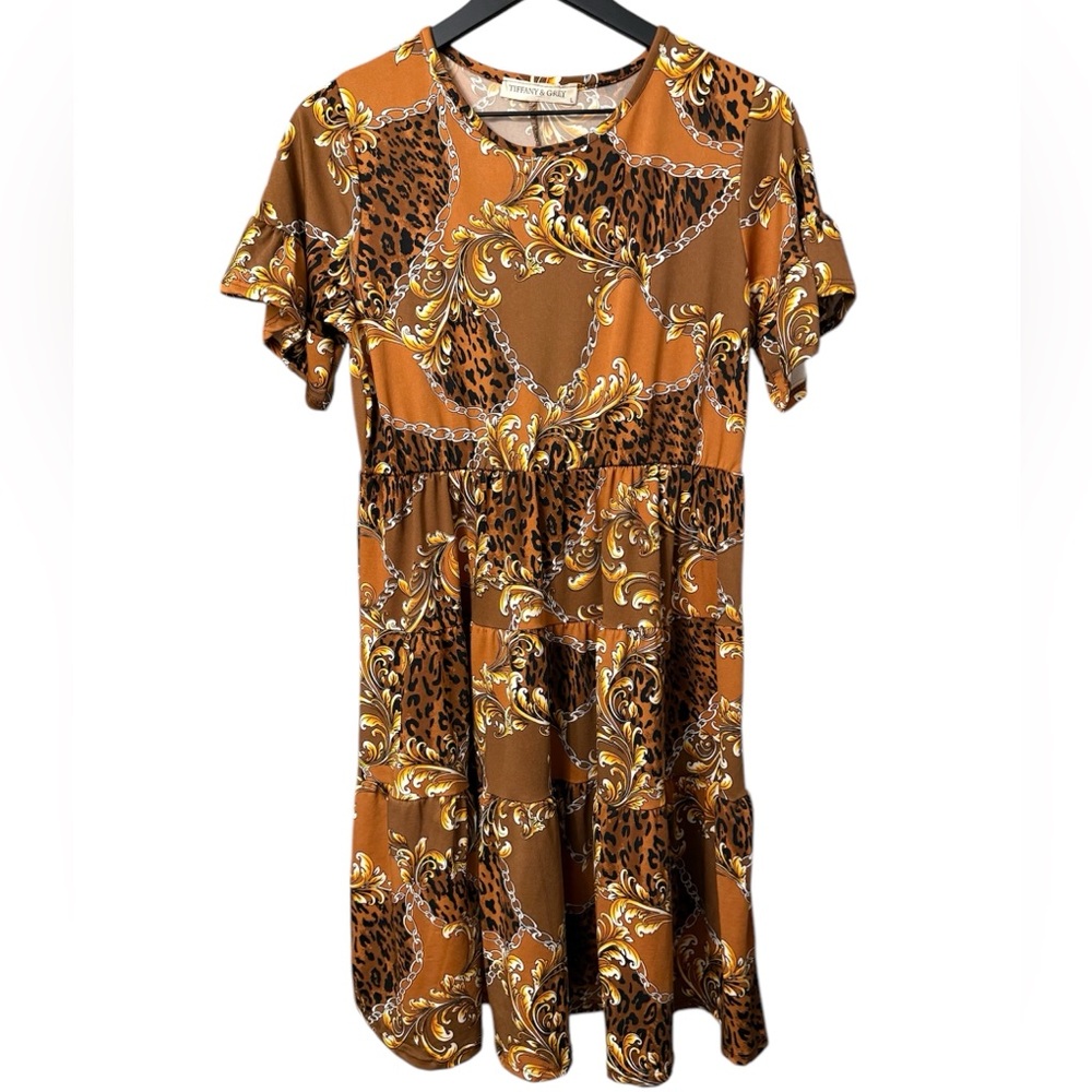 NWOT Tiffany & Grey Pretty dress in brown,black, and yellow colors, size…